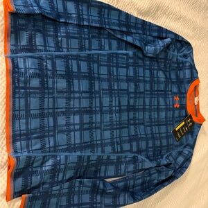 Under Armour Men Coldgear Blue Patterned Shirt with Orange Trim Small